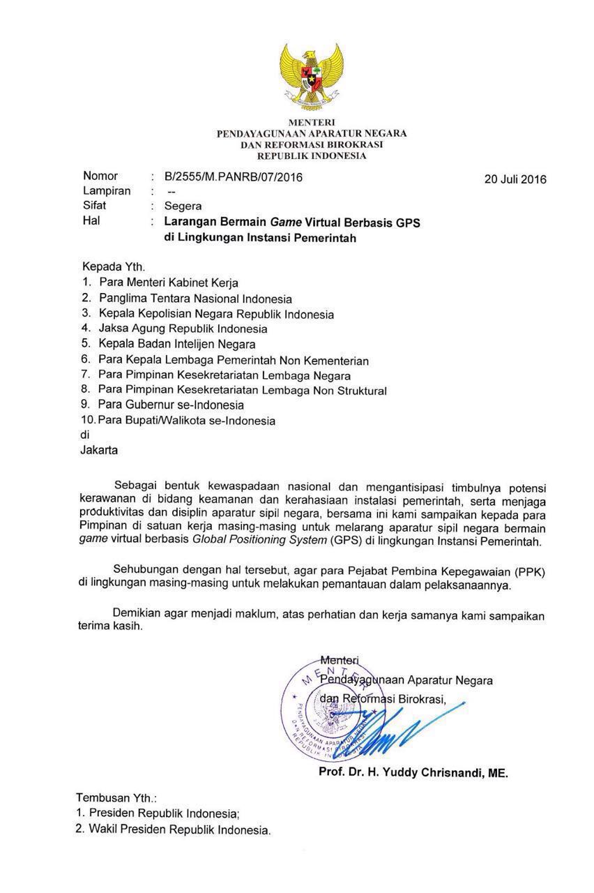 Larangan Bermain Game Virtual Berbasis GPS di Lingkungan Instansi Pemerintah
