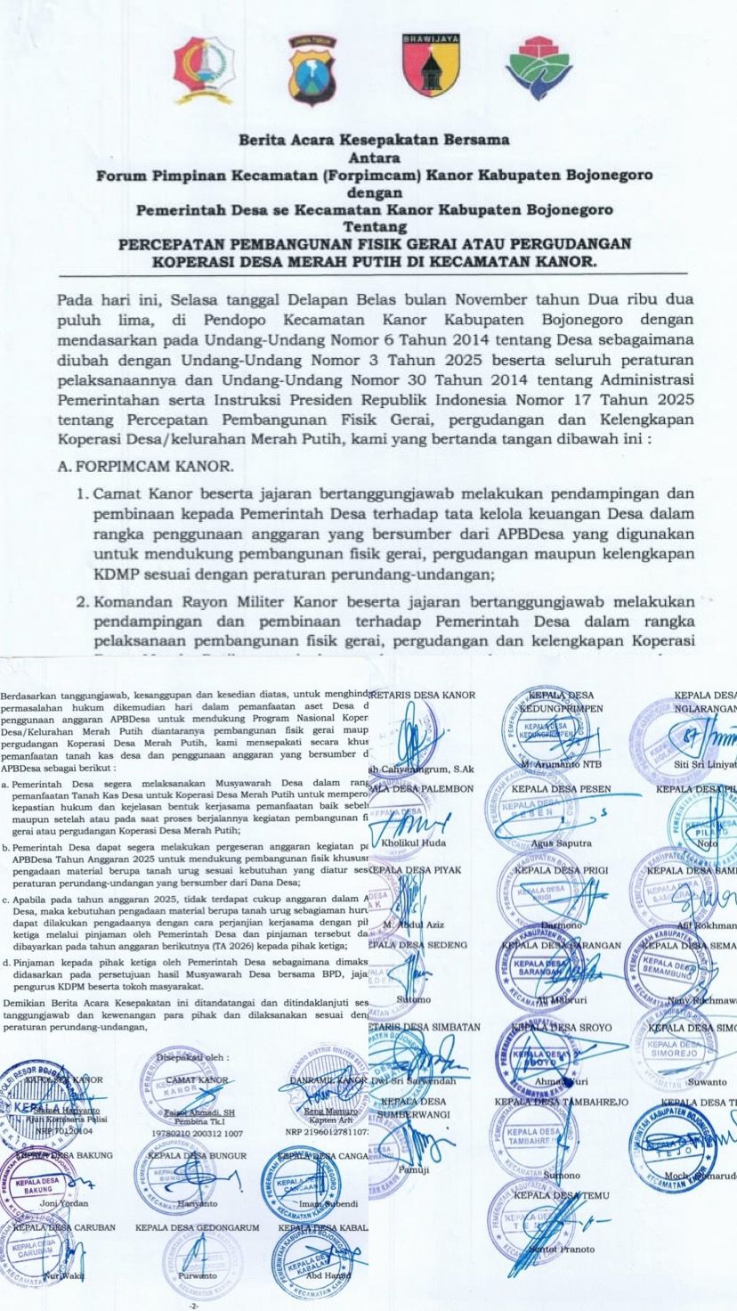 Kecamatan Kanor bersama Kepala Desa Sepakati Percepatan Pembangunan Gerai Koperasi Desa Merah Putih